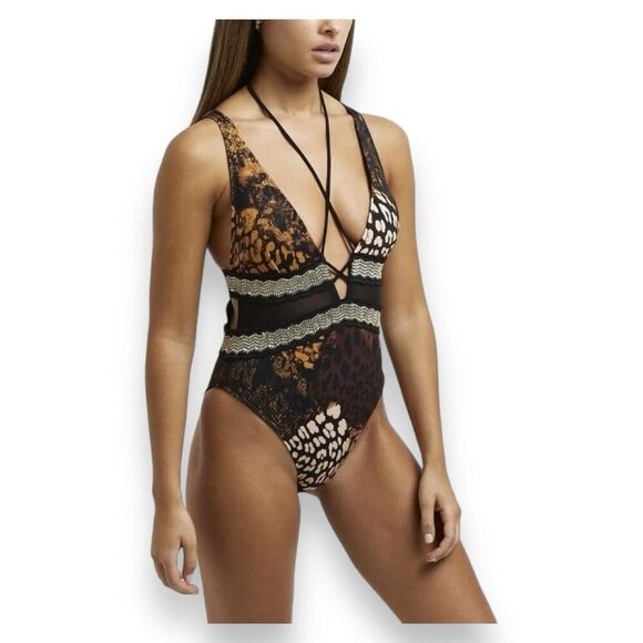 River Island - Womens Brown Animal Print Plunge One Piece Swimsuit - Picture 2 of 11